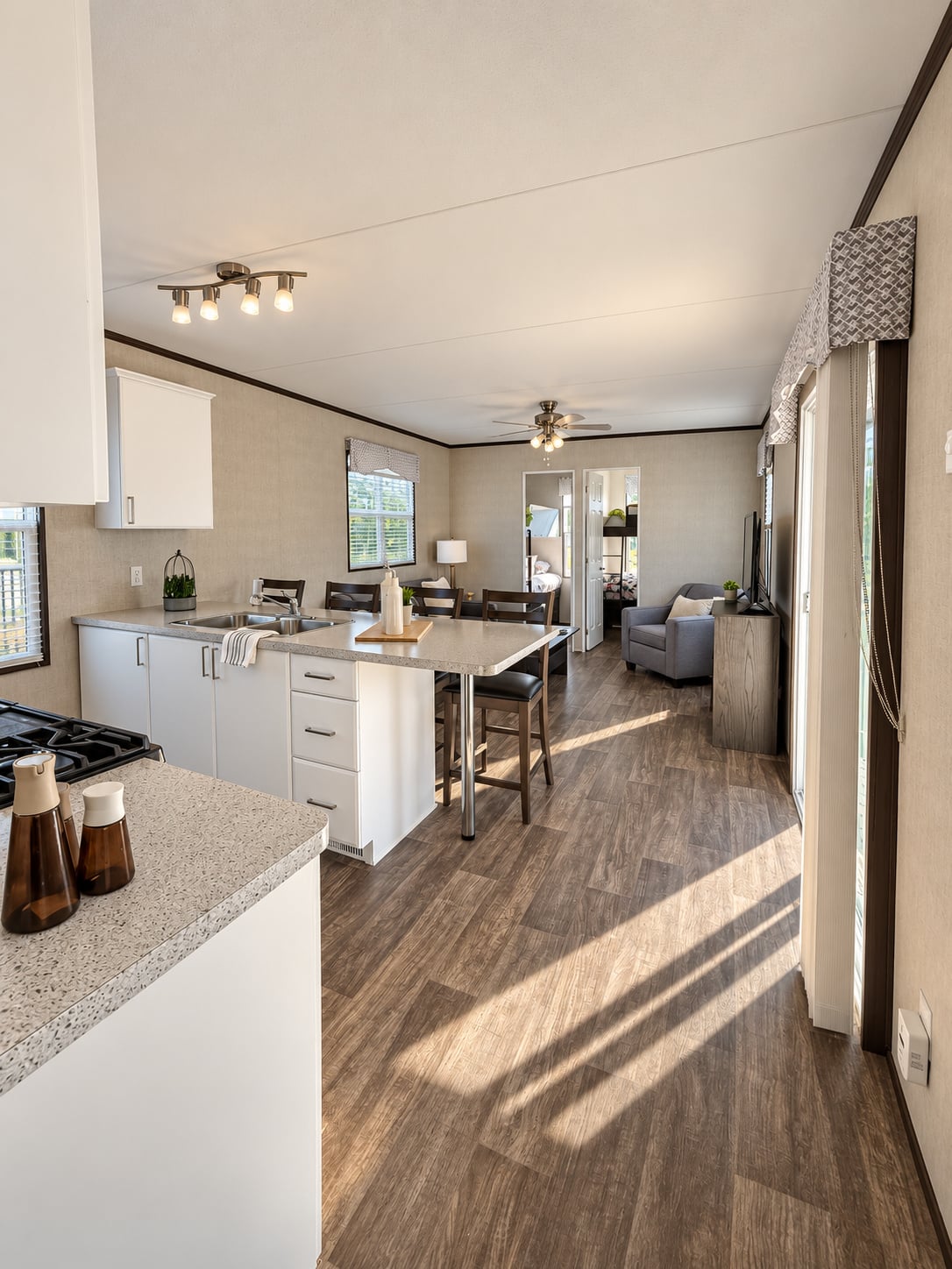 Kitchen and lounge, long view