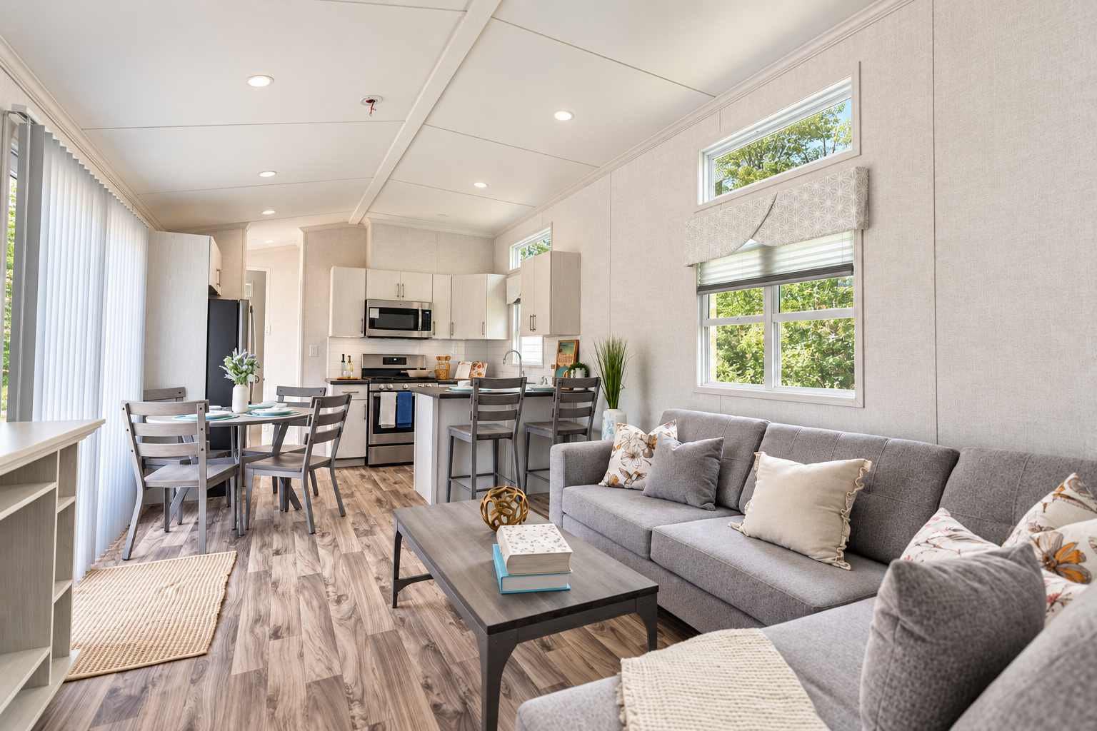 The living room of a new General Coach park model, furnished and ready to use